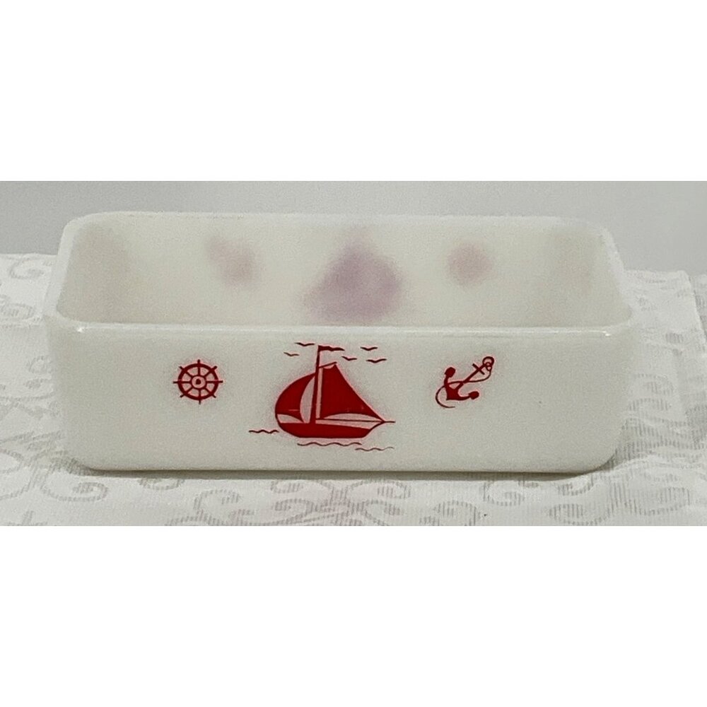 Vtg McKee Milk Glass Sailbot Loaf Pan 1940s 5"x8"